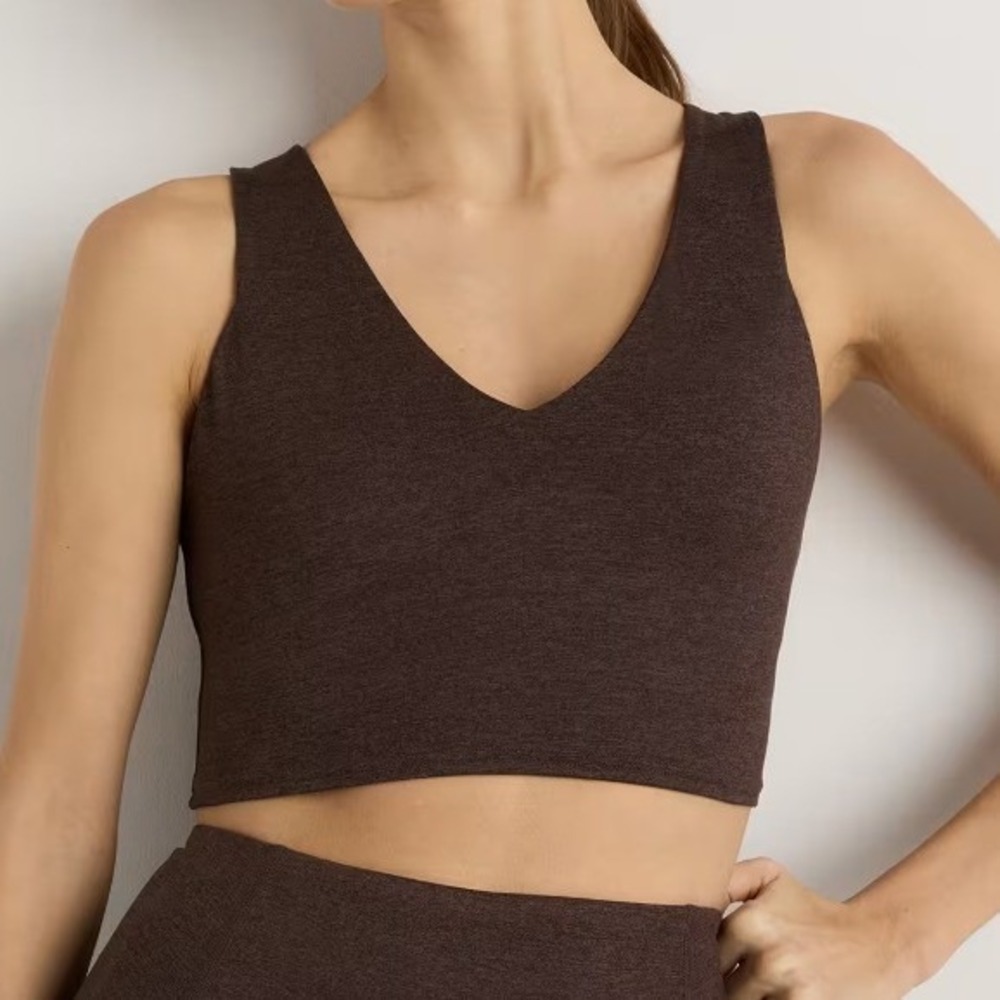 Quince Cropped Tank Womens Small Brown Heather Espresso V-Neck‎ Racerback NWT